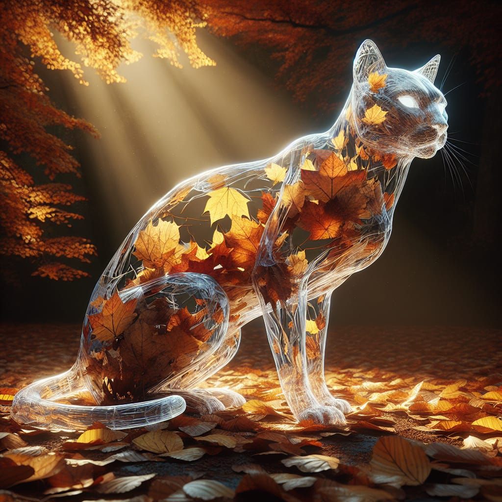 A translucent cat with dry leaves inside, hyperrealistic, 3d, uhd, dramatic lighting, surreal outdoor , autumn landscape background, 64k res...