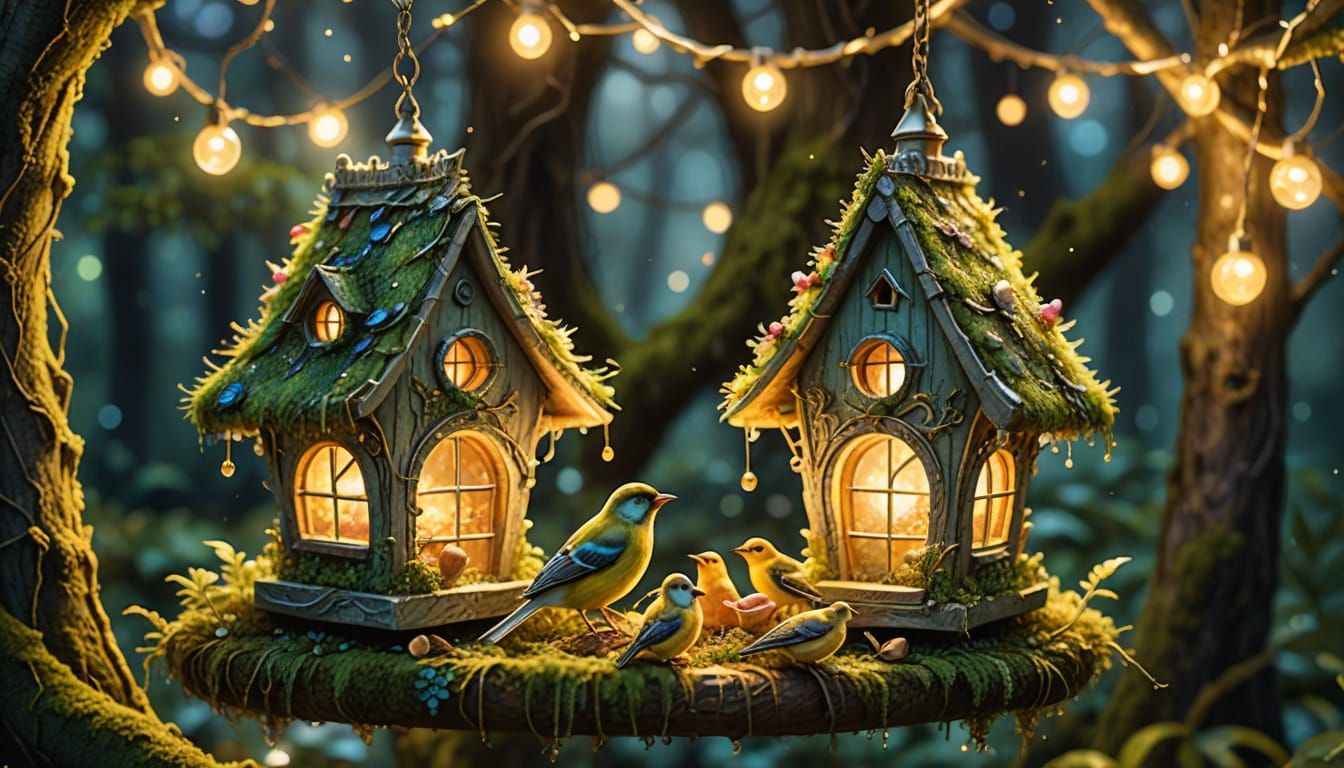 Birds at bird feeder in a fairy house  by @Frank
