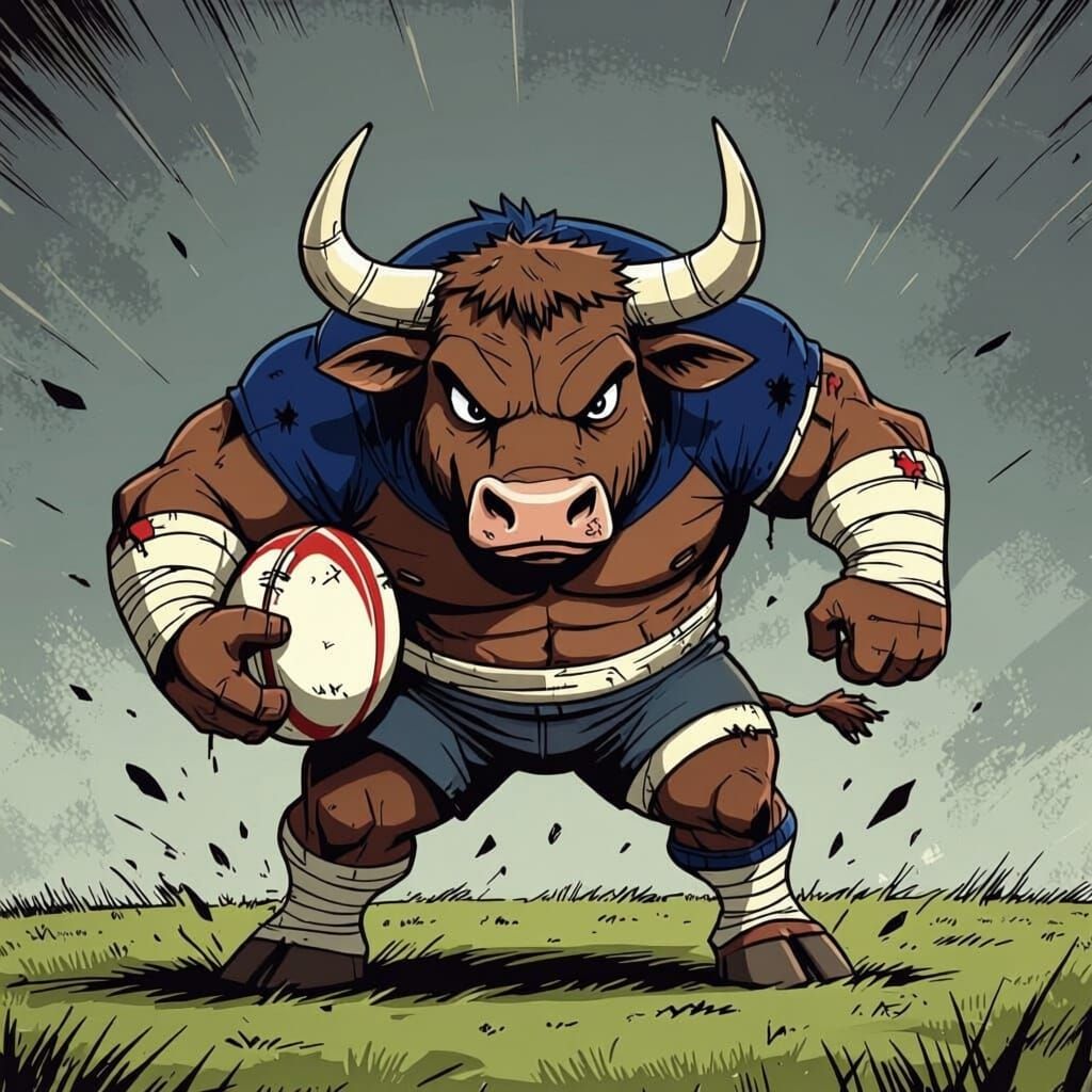 Cartoon Injured Expendables Bull with rugby in one character