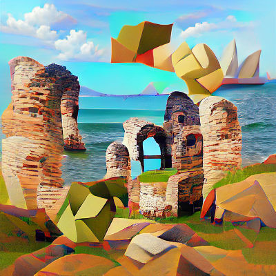 Old ruins over the sea renaissance painting stock photo abst...