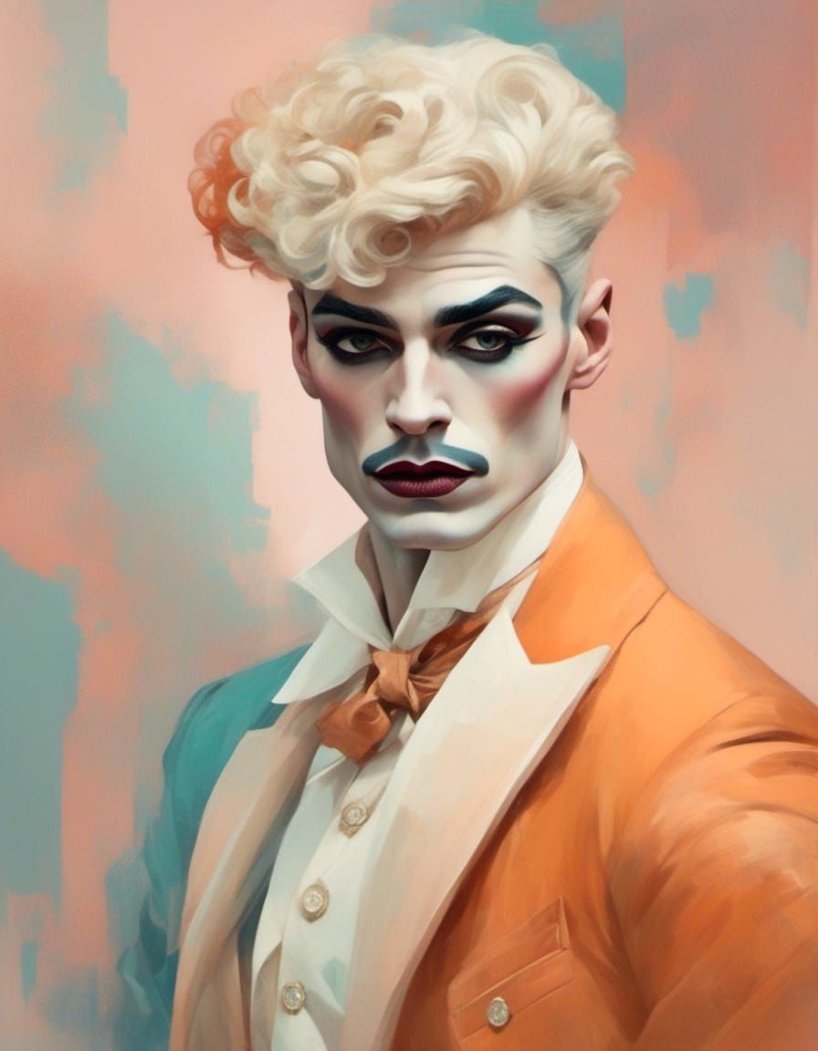 A handsome French drag king in subtle colors in the style of...