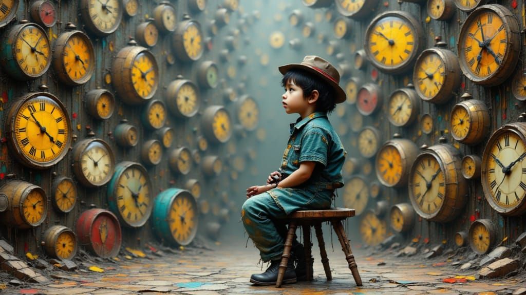 A child dressed in intricate, steampunk-inspired attire sits on a small, wobbly three-legged stool, surrounded by walls and a floor made of ...