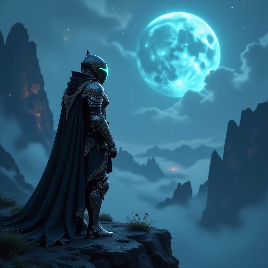 Highly detailed illustration. Digital painting. A lone knight in ornate, dark armor stands on a cliff overlooking a strange, bioluminescent ...
