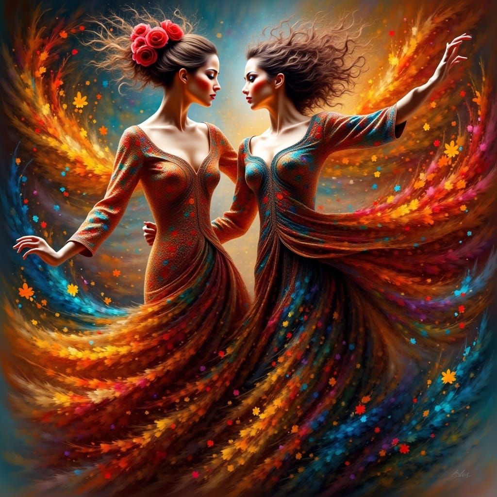  <lora:Shimmer and Glitter:1.0> Spanish Flamenco Dancers, ma and woman