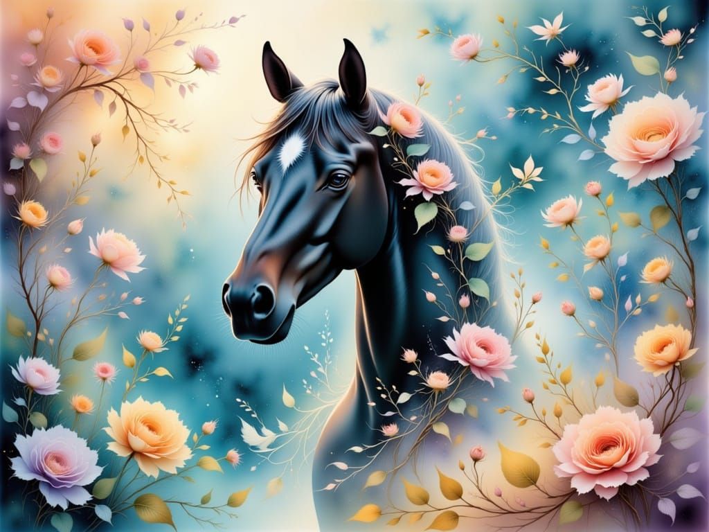 <lora:Etherealisim:1.0> Alcohol ink painting with softly glowing mist swirls. Medium shot. A beautiful black horse amidst delicate vines and...