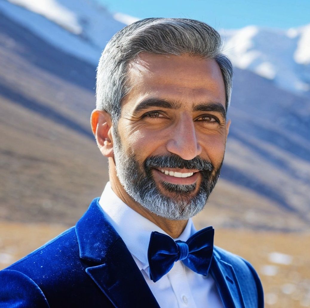 A handsome bearded man wearing a blue velvet suit with a bow...
