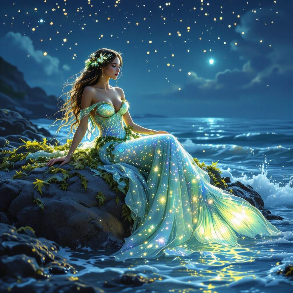 A bioluminescent mermaid lounging on a rocky outcrop during a summer night, her scales shimmering with ...  by @BEAST1966