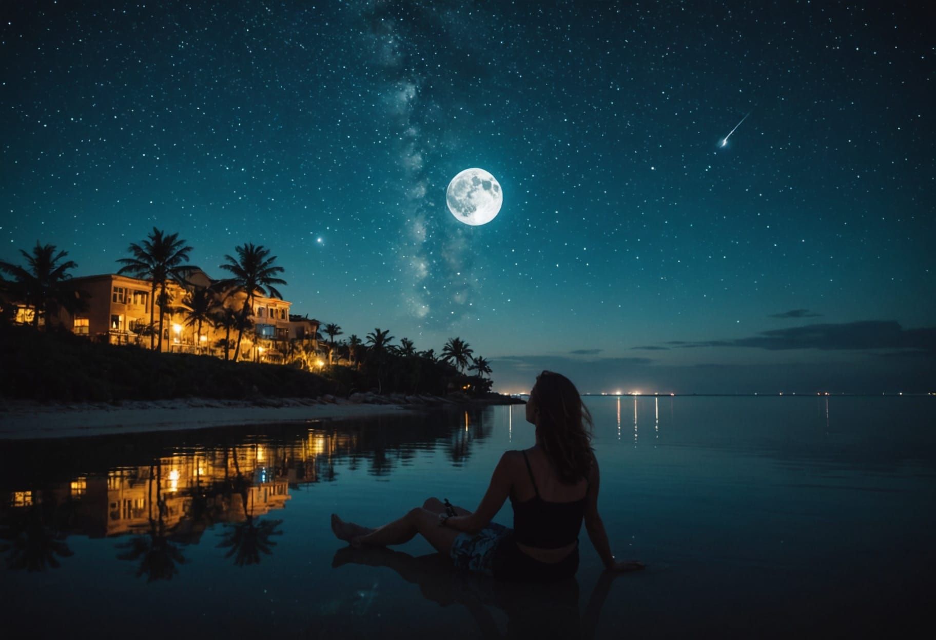 “Relaxing”. Focus on palm trees. Nighttime with glowing full moon reflecting on a calm sea. Milky Way. Stars. Comet. Shooting star.  Make it...
