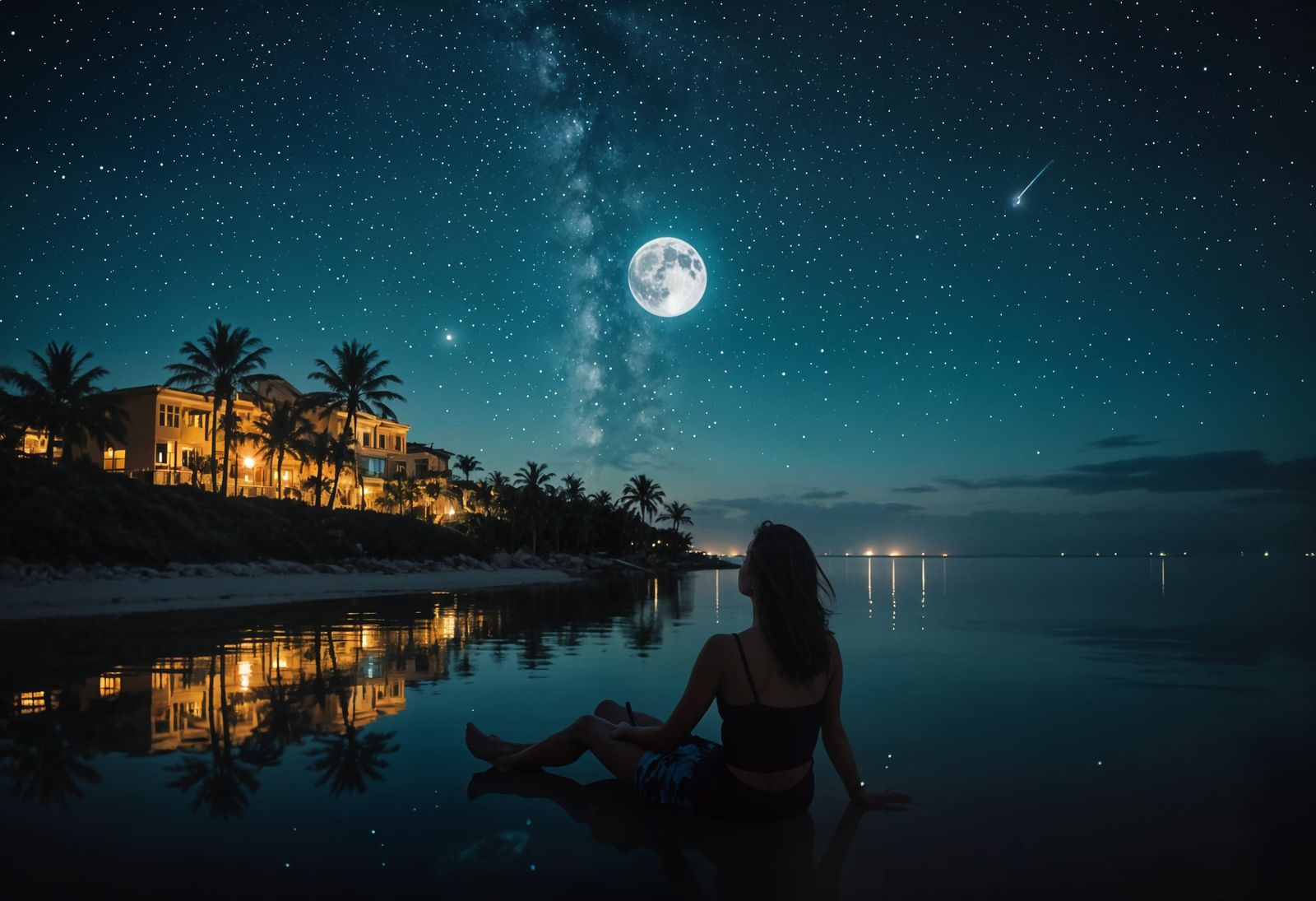 “Relaxing”. Focus on palm trees. Nighttime with glowing full moon reflecting on a calm sea. Milky Way. ...  by @Jokavld