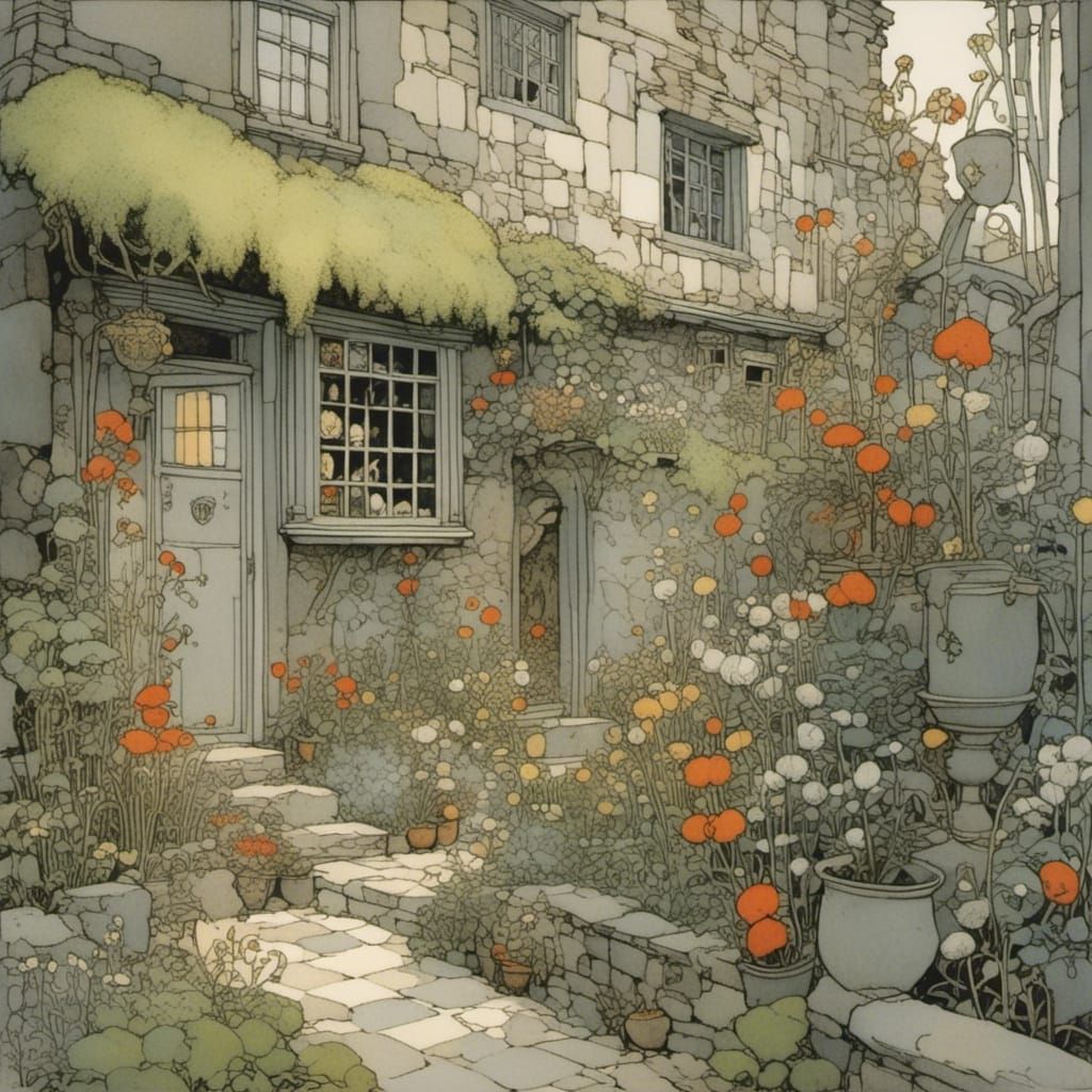 in a gray forbidding city a tiny!!! cozy cottage in a tiny!!! lush blooming garden is wedged between huge, gray, forbidding blocks of flats...