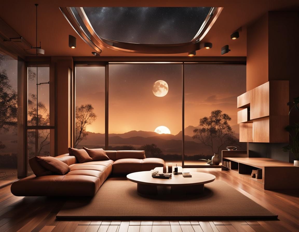 Organic Architecture Interior with Large Moon at Night