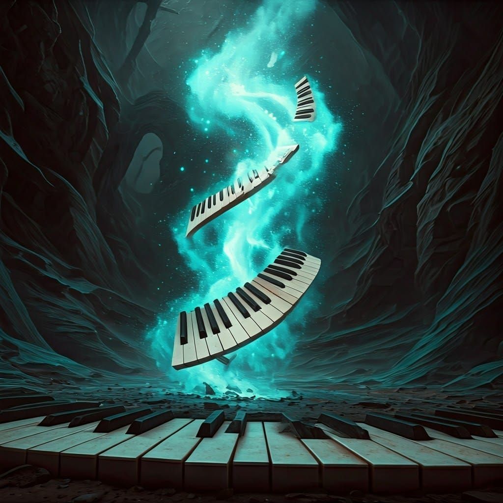 Piano Keys Dance in Turquoise Dust, Matte Painting