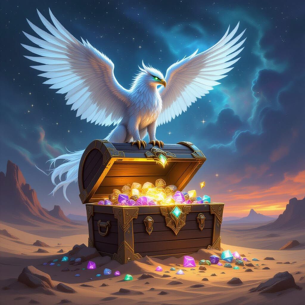 Ethereal Griffin on Treasure Chest in Alien Desert