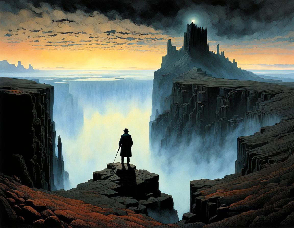 A lone explorer stands on a cliff above the dark basalt lake in a huge old quarry, in the morning light ...  by @Tina auf der Blumenwiese