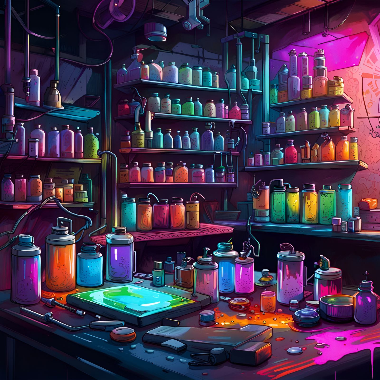 Cyberpunk laboratory, neon lighting, canisters and potions on tables ...