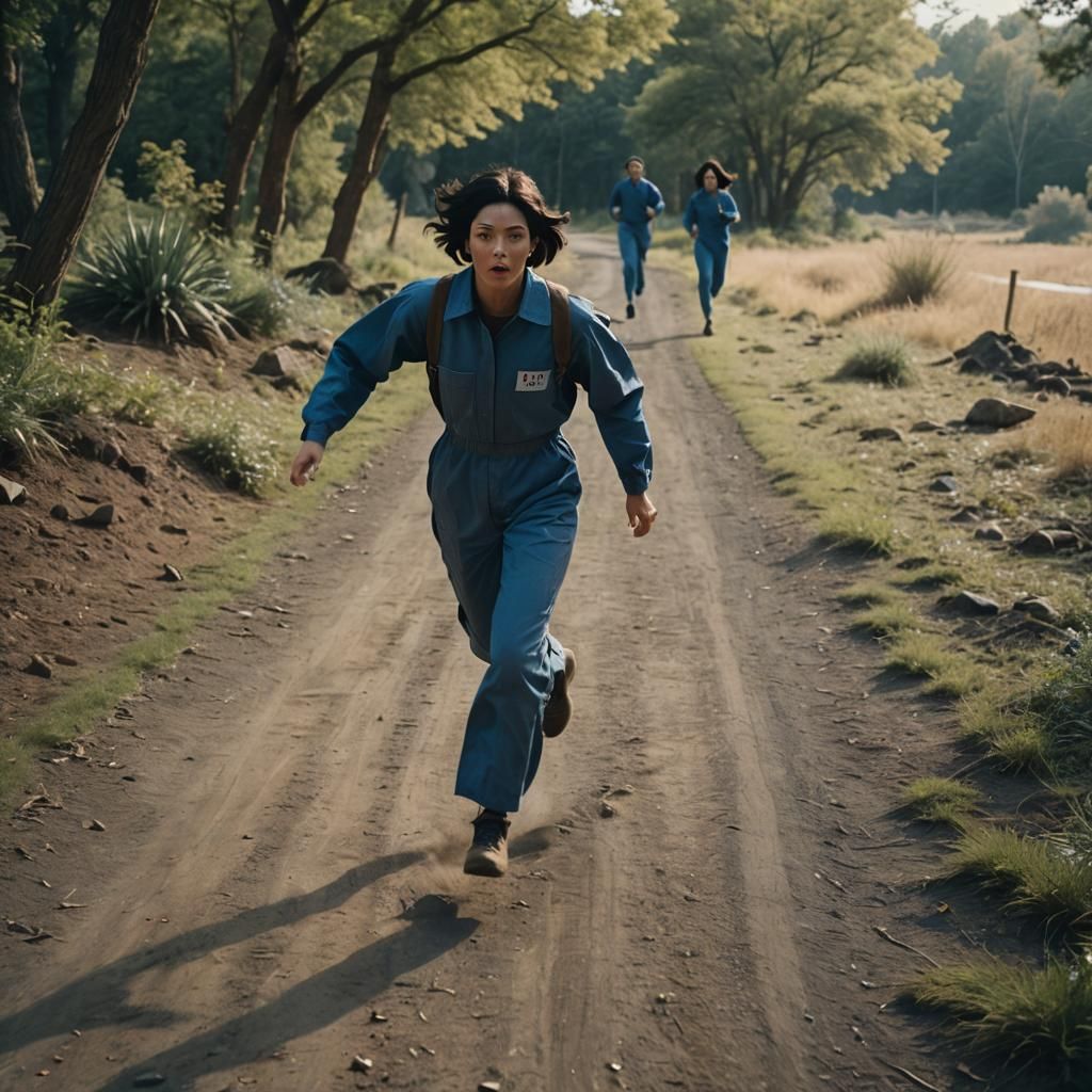 a girl, with short black hair, wearing blue coveralls, and i...