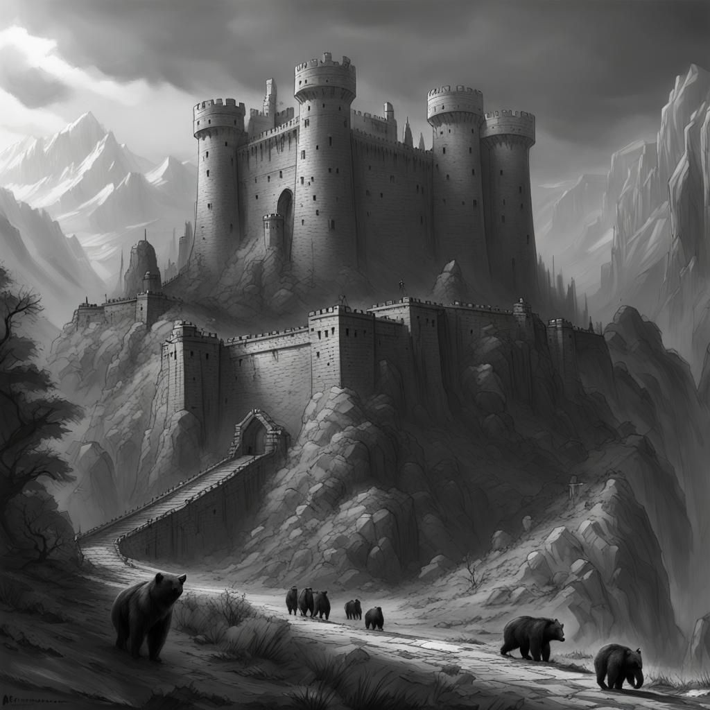 The ancient stone fortress guarded by barbarians and bears, protects ...