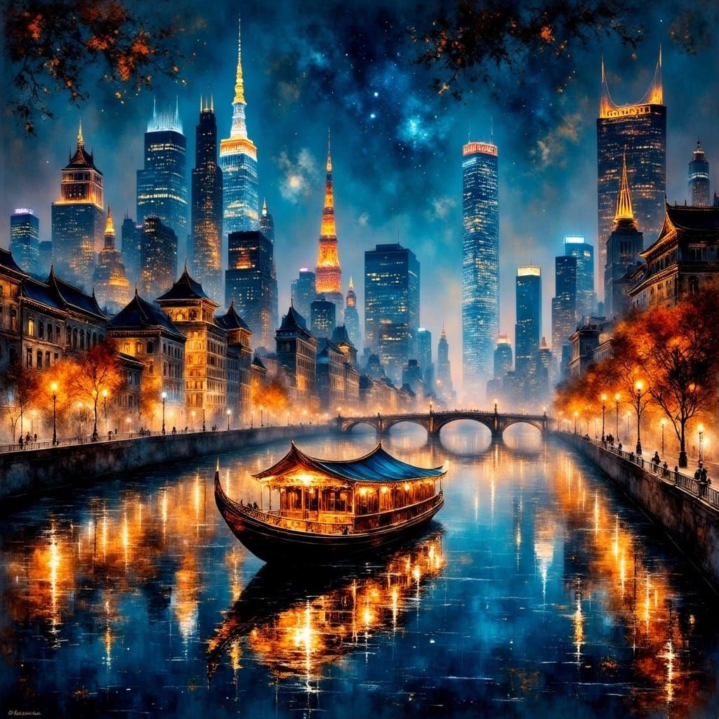 Boat on river at night  by @Marilyn Young