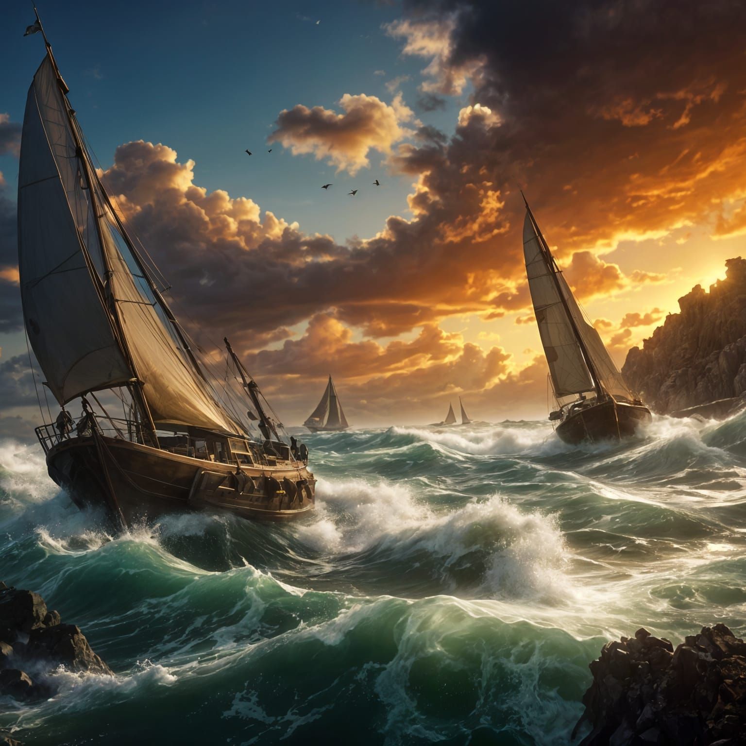 Sailboats in rough seas leaning in the wind.   by @Tiny Pearl Cat