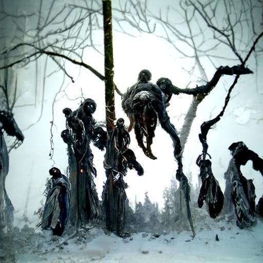 A forest full of bodies hanging from a rope