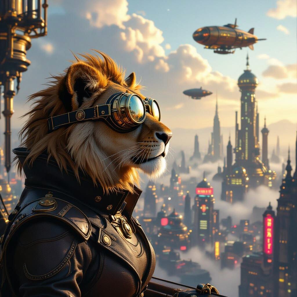 A regal lioness adorned with intricate steampunk goggles and brass filigree, surveying a vast, retro-futuristic ...  by @Adam One