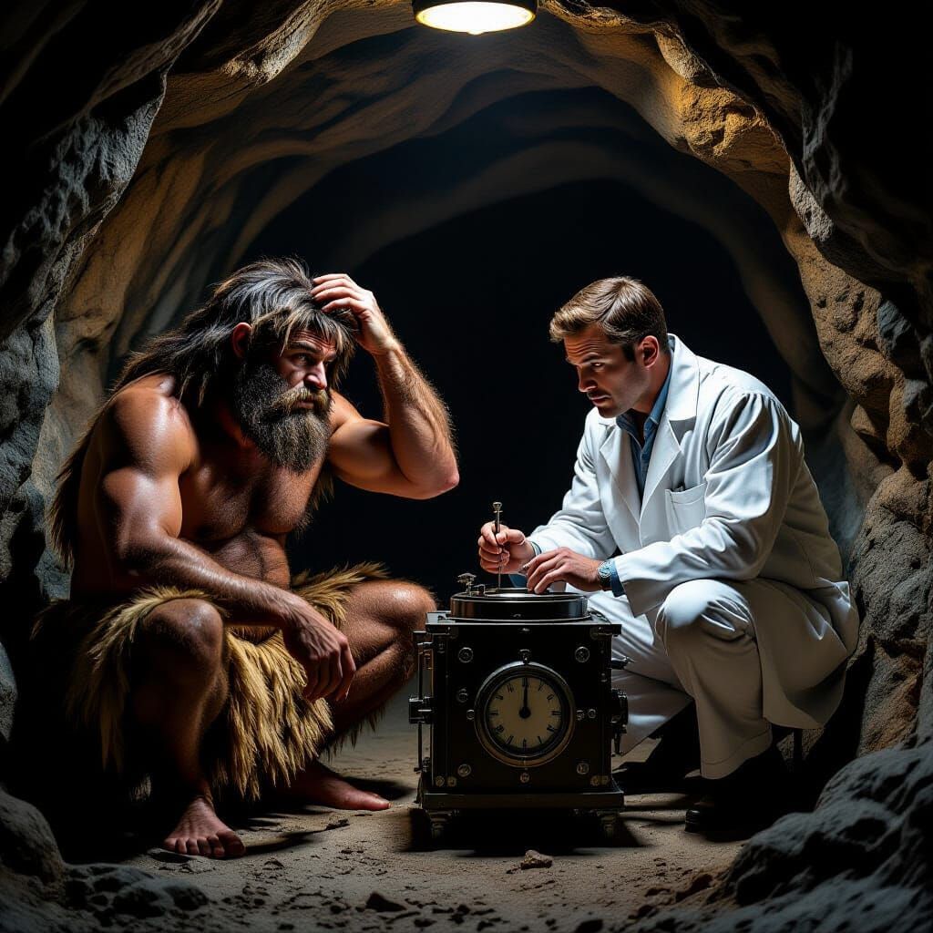 A caveman stands scratching his head while a scientist tries to fix his time machine in the caveman's ...  by @Walksforever