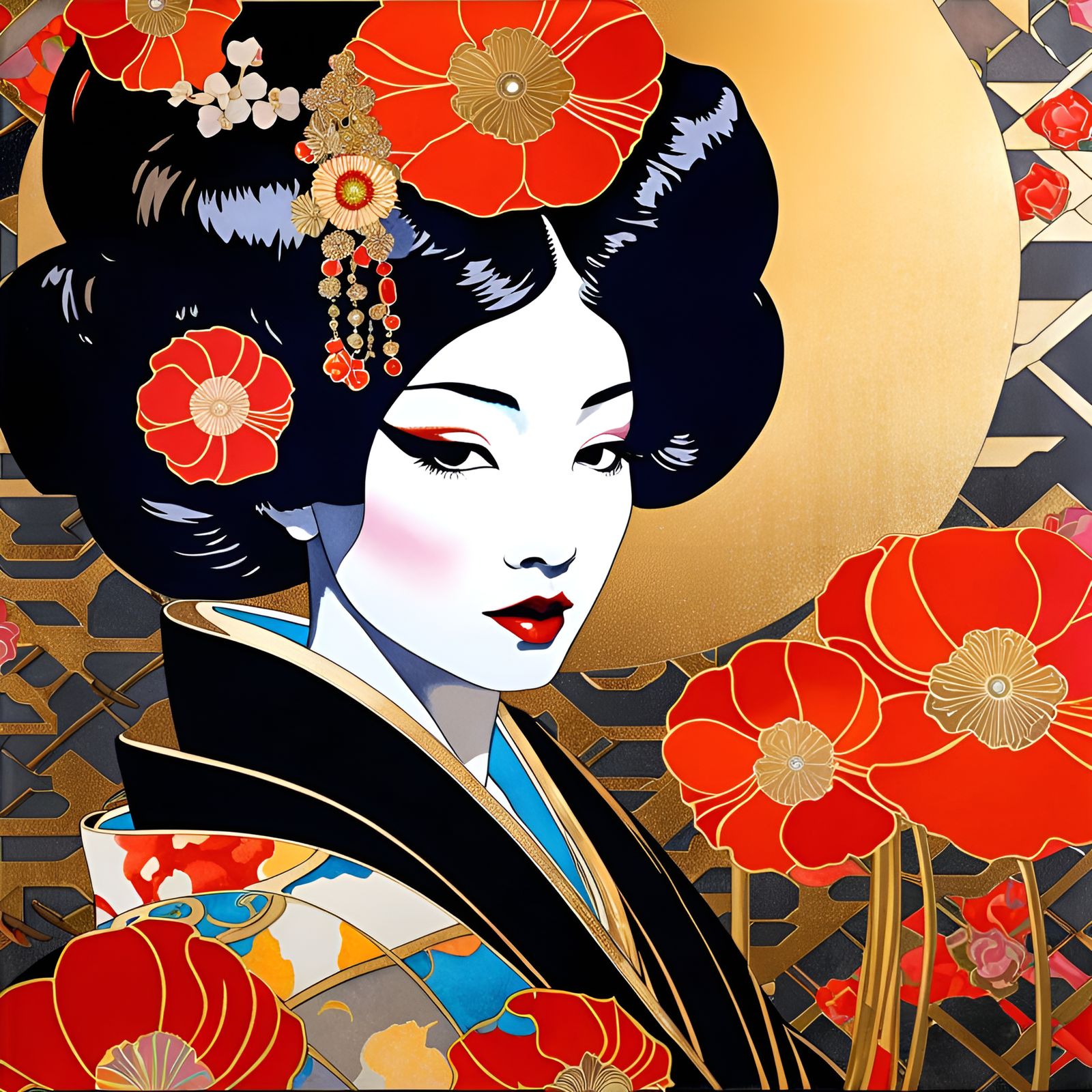 Geisha Girl memoirs poppy flowers Black and white iridescent sparkling collage scrapbook drawing style ...  by @Anna Maria Nieves