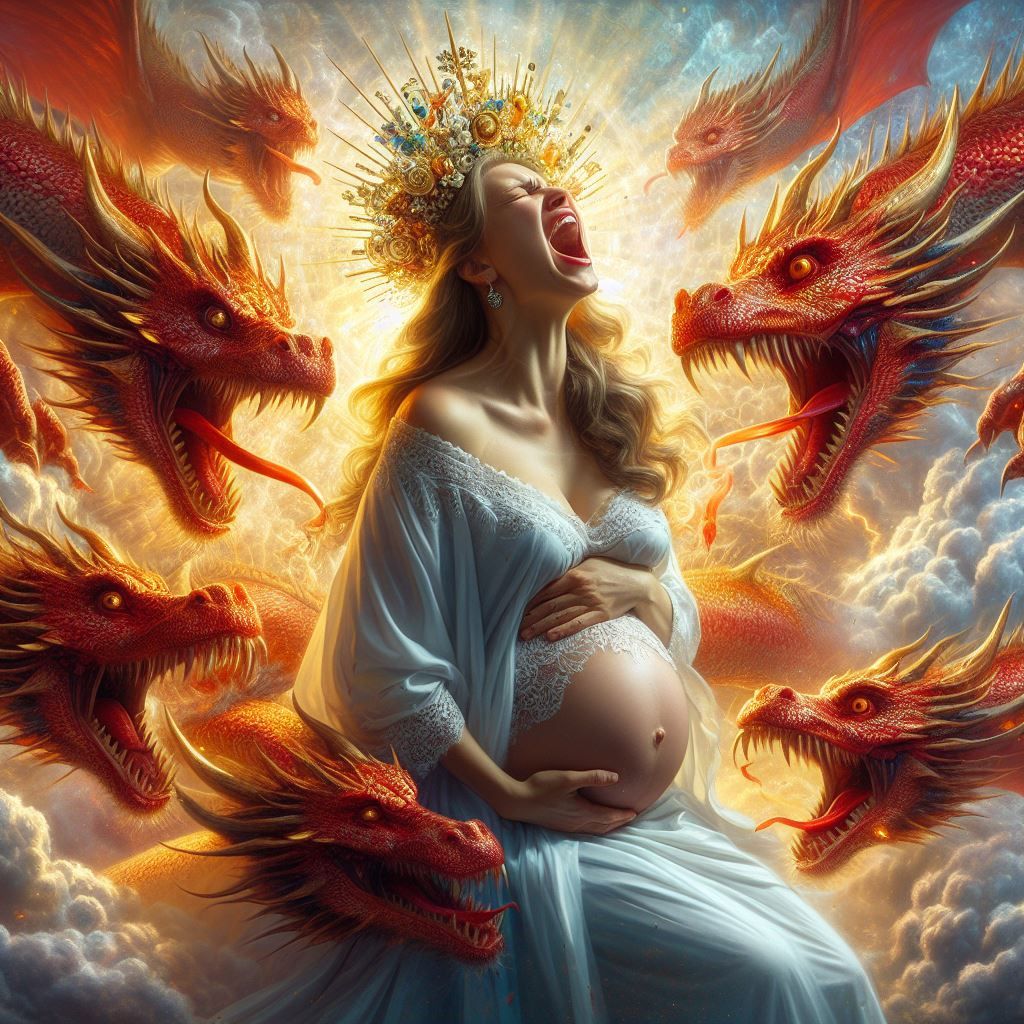 Revelation 12: Dragon with 7 heads threatens pregnant woman