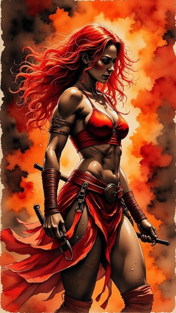 Red Sonja backlit, in a martial arts combat pose, <lora:Caffeine Fuelled II:1.0> sketch style, with intricate line work that emphasises the...