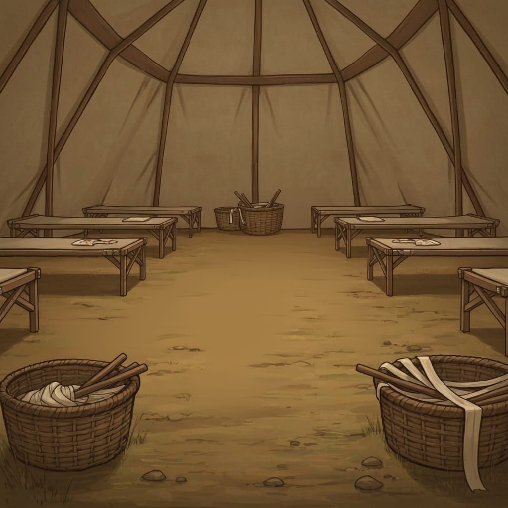 La tenda da campo in cui si risvegliano i protagonisti: diverse brandine vuote, terra battuta e ceste con bende e stecche.