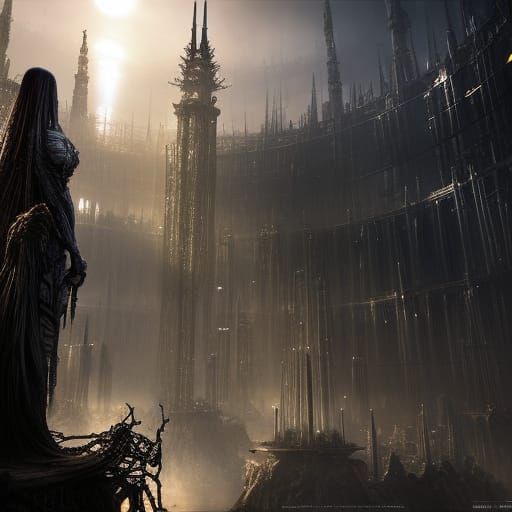 biomechanical witch wearing coreset and gown, technological ...