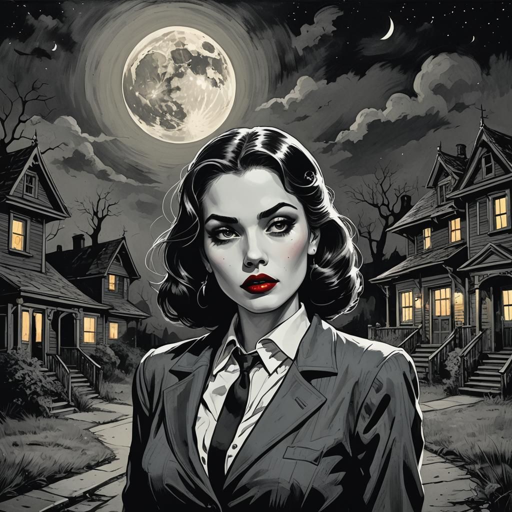 Comic Noir Expressionism, Beauty, red lips, outside haunted house, Moon  by @Madame V