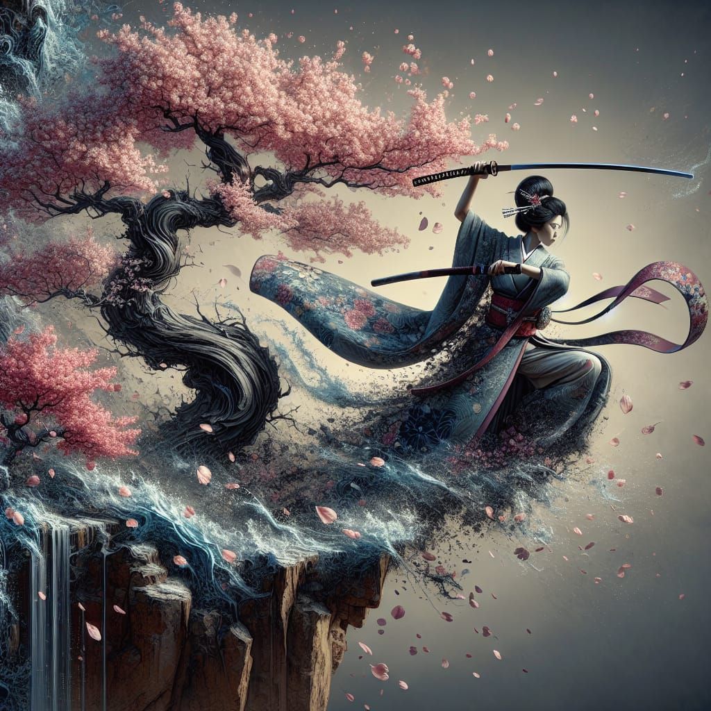 a geisha practising martial arts with a Katana on a cliff under a blossom tree, blossoms blowing in the wind, the sword slices through the w...