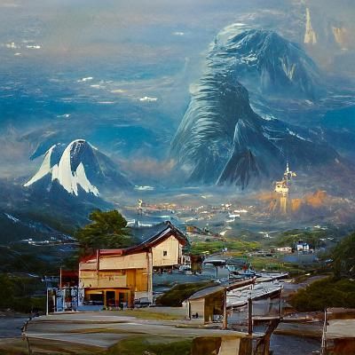 A quiet mountain town in Japan with Godzilla in the distance