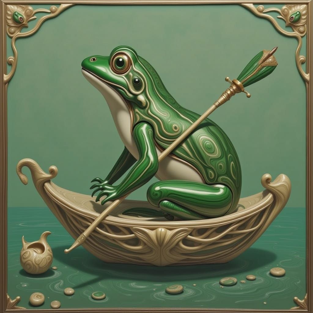 <lora:DELICATE DECO:1.0> Poison dart frog rowing a boat made of bones