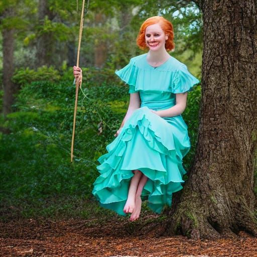 Portrait of a young woman who is sitting on a tree swing.  She has strawberry blonde hair and blue eyes,  She is wearing...