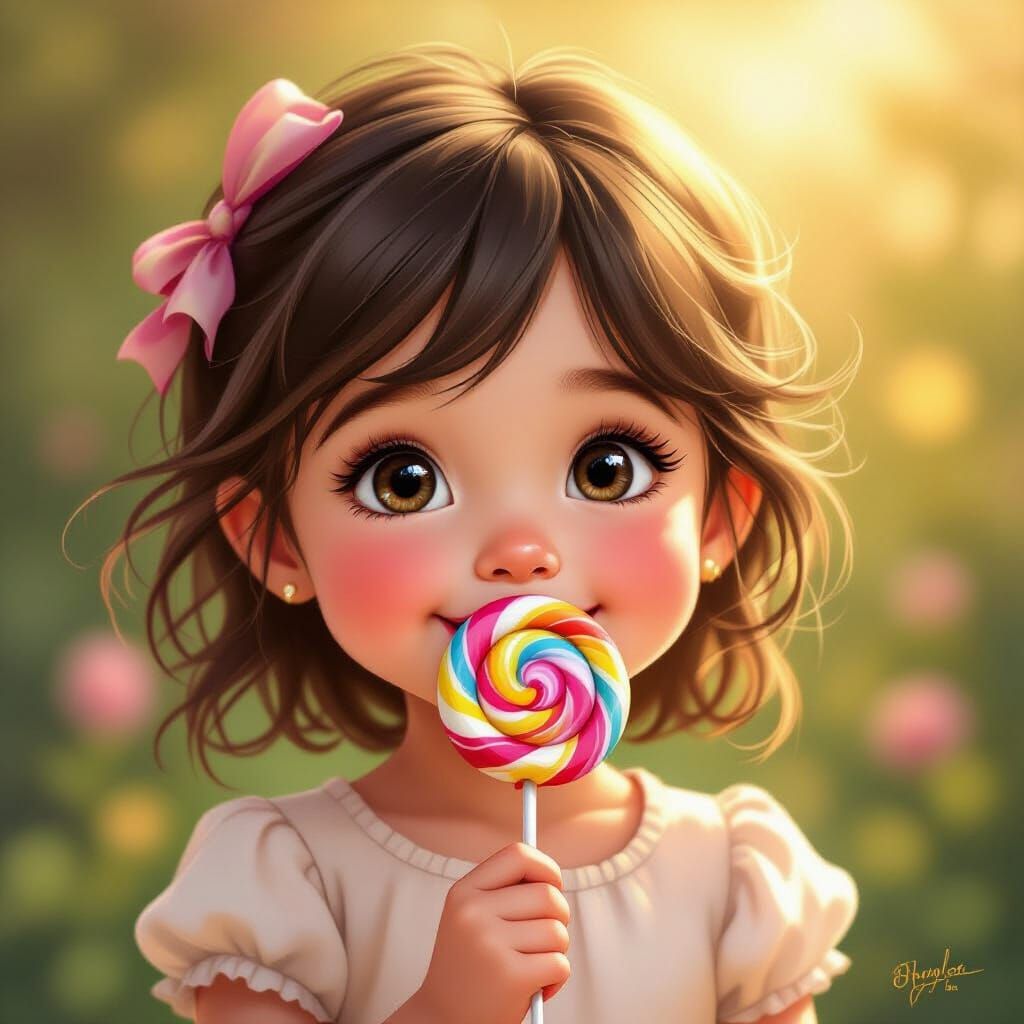 Cute Girl Enjoys Colorful Lollipop in Golden Hour Light