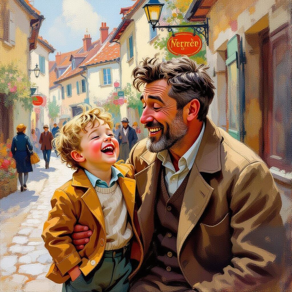 Child Laughing in Vibrant Street Scene, Classic Illustration