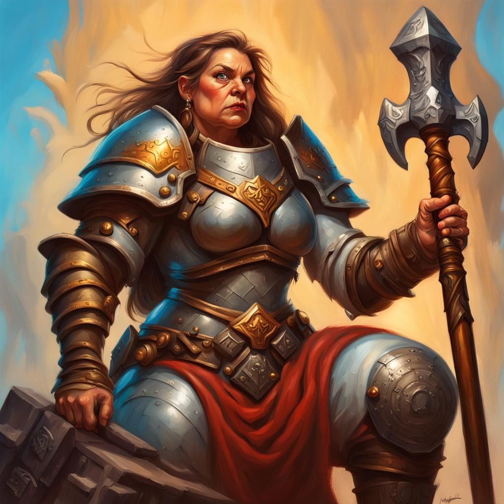 Female dwarf cleric in full armor with war hammer in Boris V...