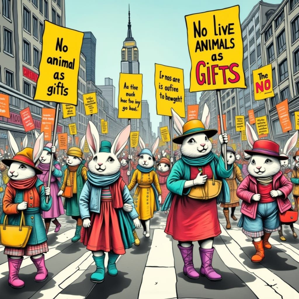 <lora:inks:1.0> <lora:mmcollage:1.0> <lora:Totem 2:1.0> A group of determined Easter bunnies, dressed in tiny hats and holding picket signs,...