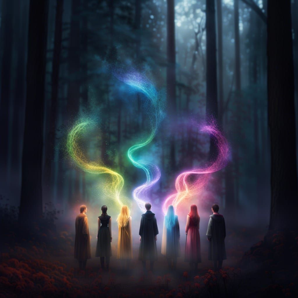 Seven colored souls, sparks, fog, forest, magic, seven souls...