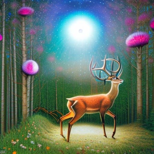 woman-deer hybrid on stargazing platform with rotating spher...
