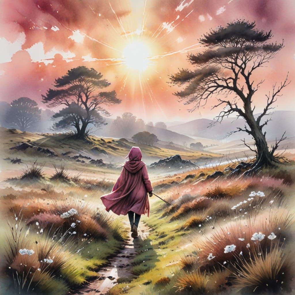 Misty morning landscape of yorkshire moorland, pink sky with sun trying to break through, dew glistening ...  by @whiterose