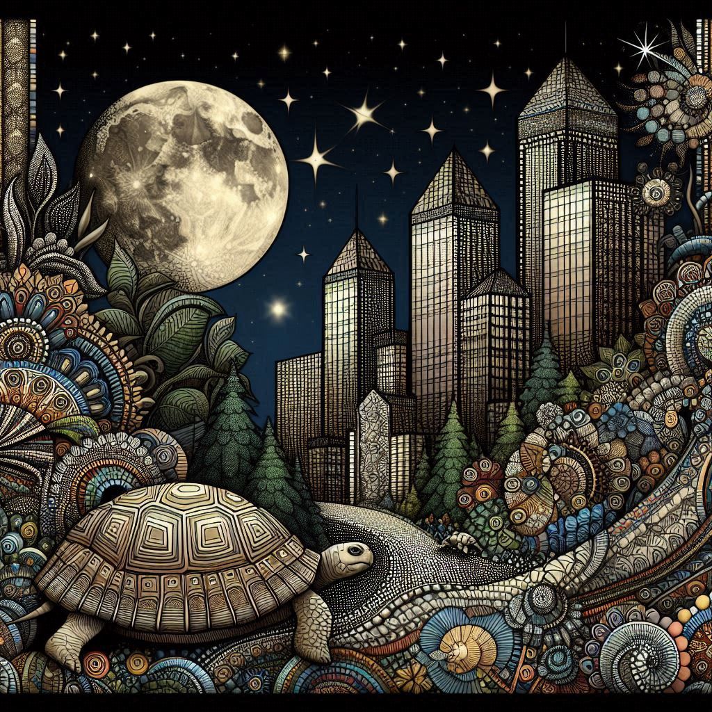 Fantasy Night Cityscape and Tortoise wandering though