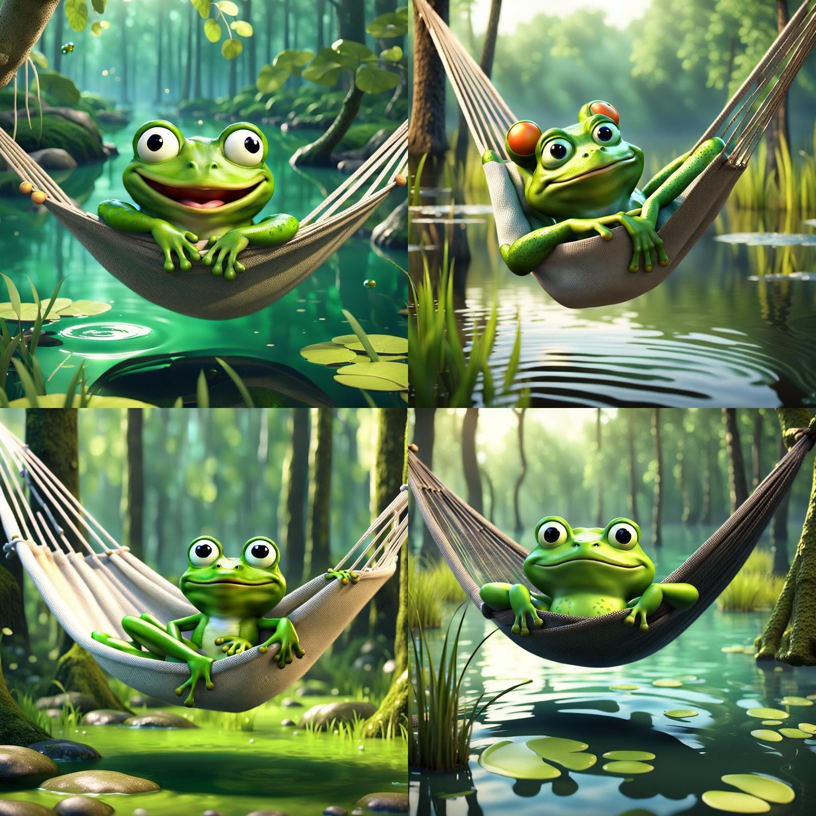 Adorable sleepy CGI cartoon frog 🐸 on a hammock in swamp