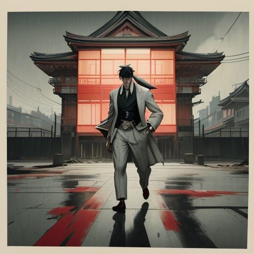 Ukiyo-e inDystopian world. A scene Clockwork Orange fiction and film scene.