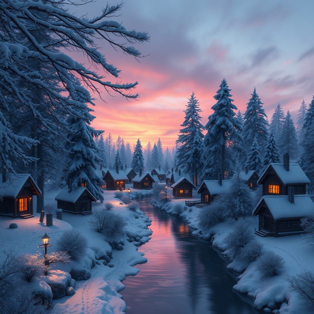 Snowy Village at Dusk, Digital Matte Painting
