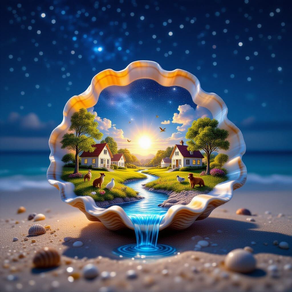 A seashell on the seashore at night. Inside the seashell is a whole world of country houses, sky and sun and trees and animals and birds and...