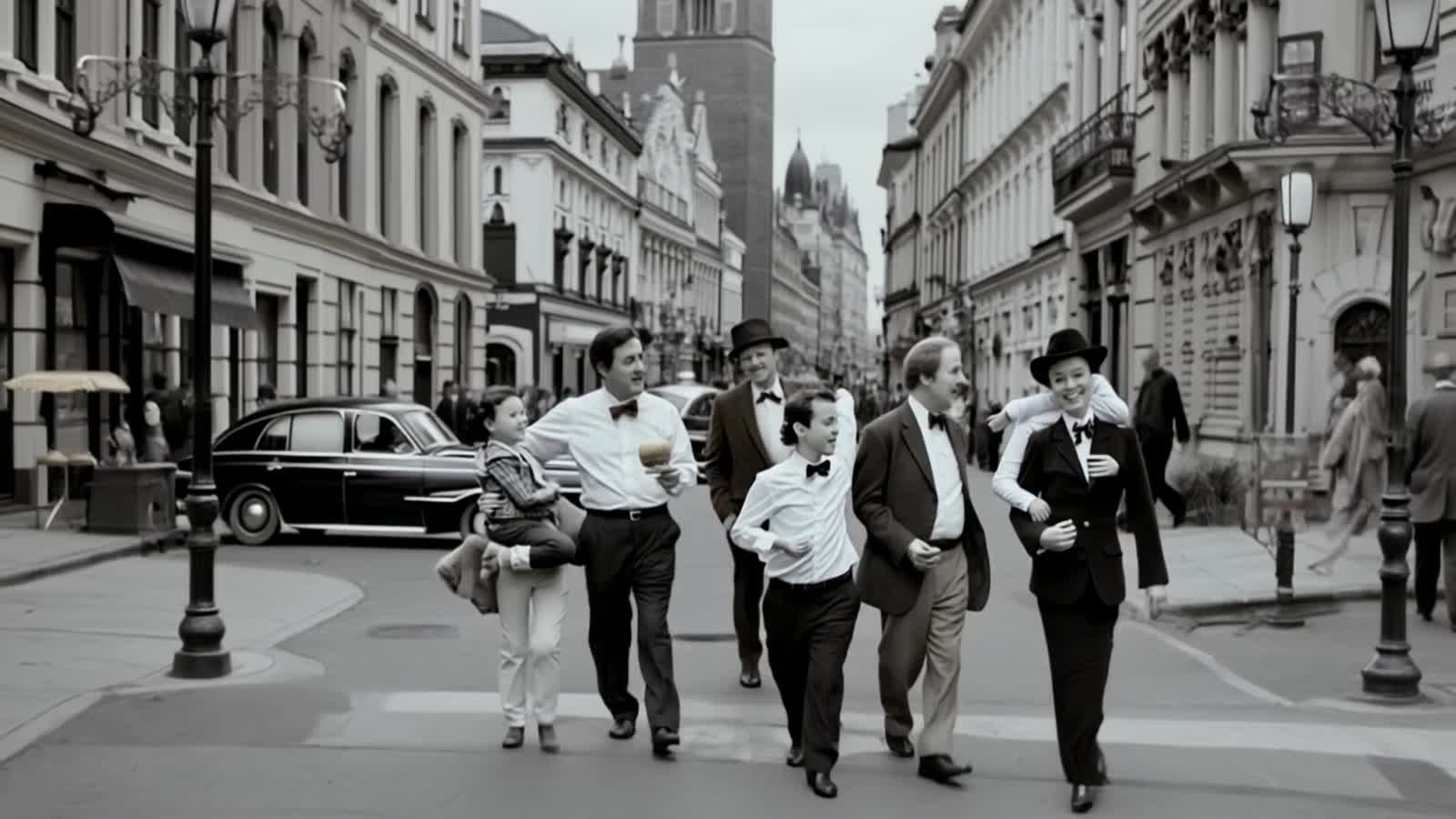 The Simpsons opening in the style of a 30s news reel.