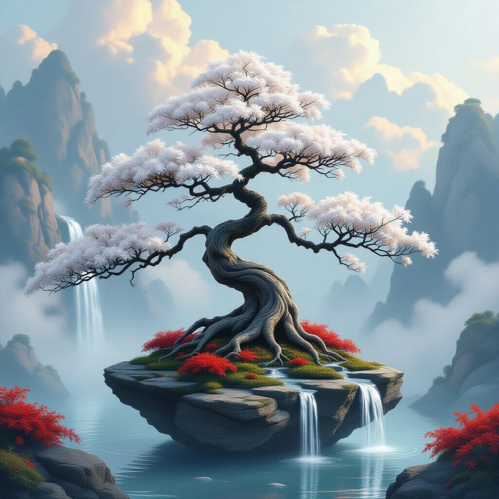 A surreal bonsai tree with delicate, cloud-like white foliage, growing from a floating, rocky island. The tree has twisting, ancient roots e...